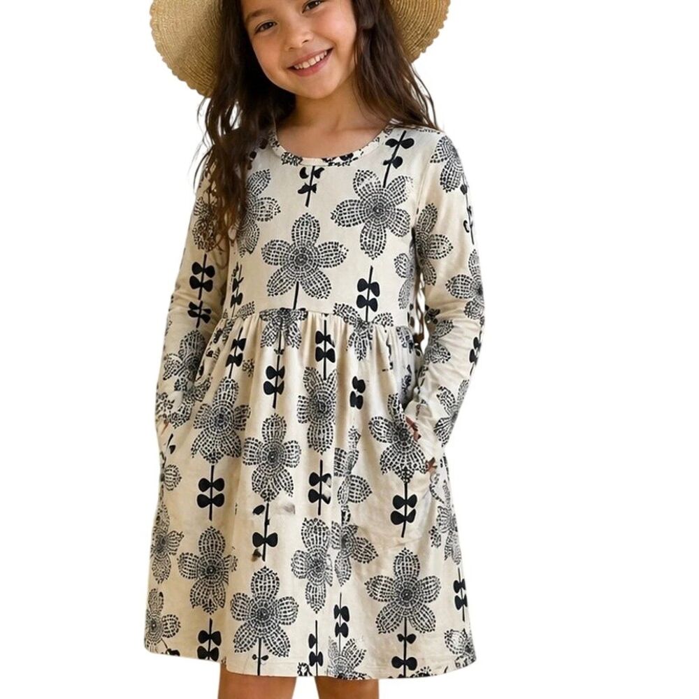 Hanna Anderson Dress Long Sleeve Retro Floral Print White Black Girls Sz 130 / 8